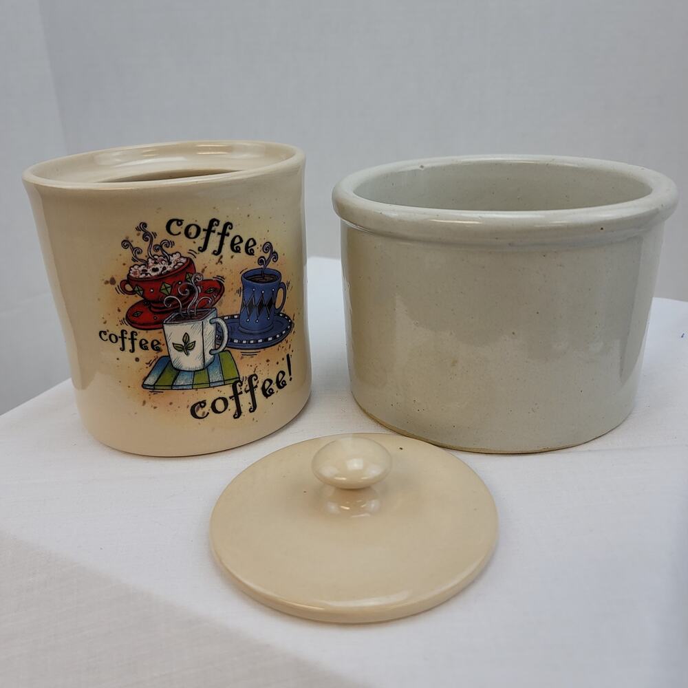 4 Inch White USA Crock 5 Inch Tan Decor Coffee Crock  Lid  Home and Garden 2003